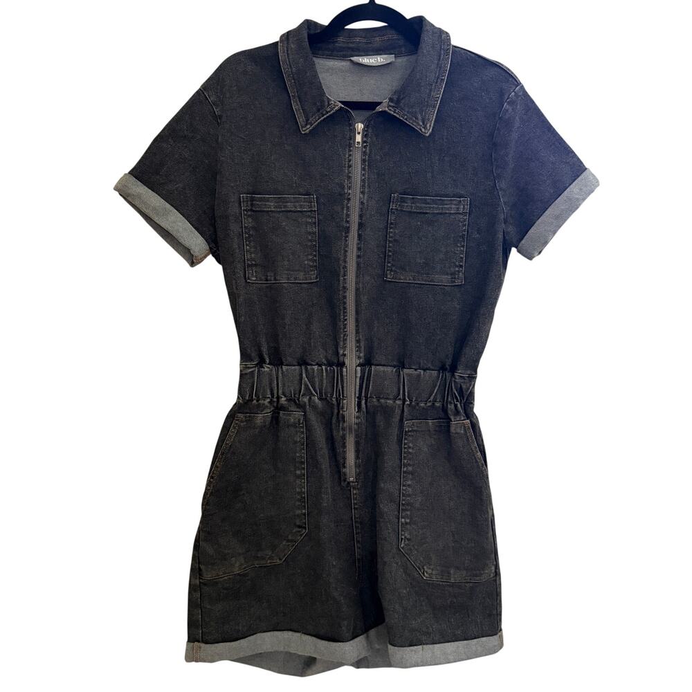 Blue B Collection Sz L Denim Romper Coveralls Washed Black Utility